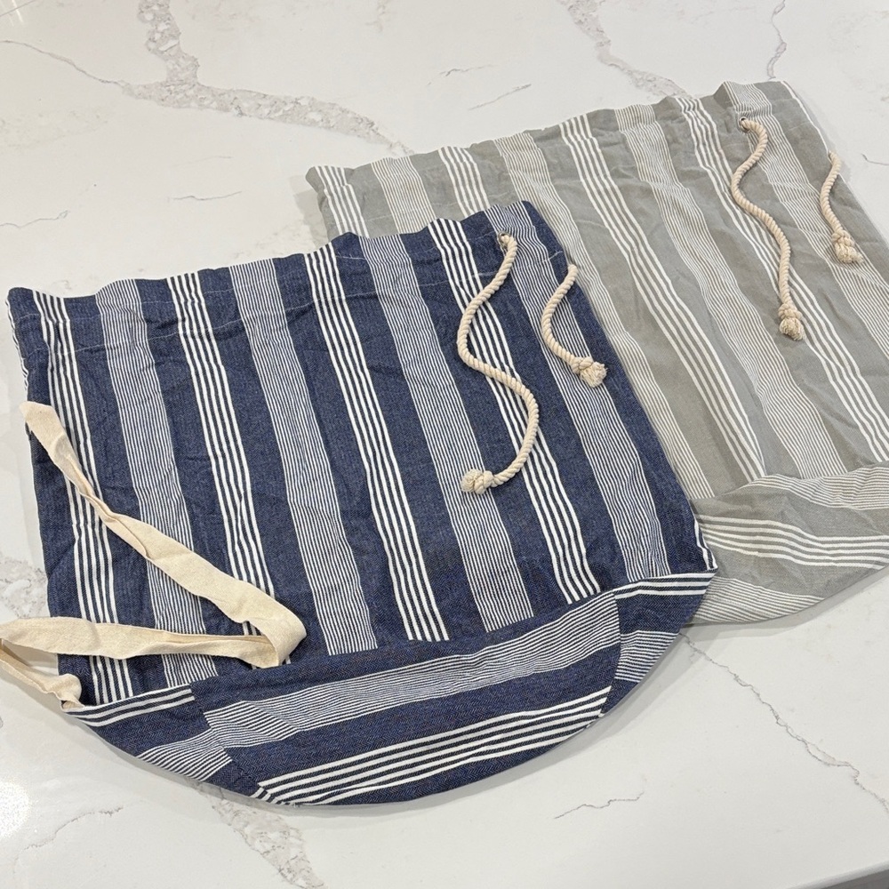 Set of 2 Striped Cotton Canvas Large Laundry Bags - Navy Blue, Grey, White